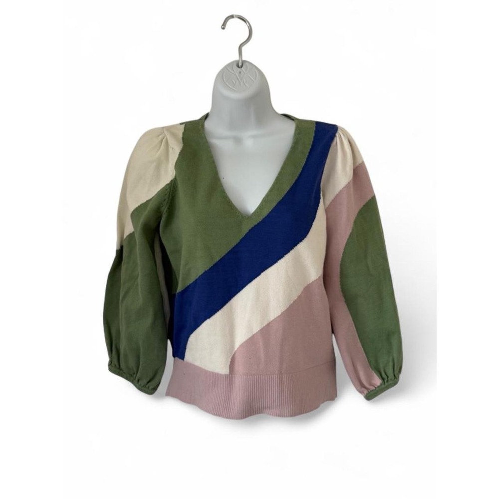 Joie Sunland Colorblock V-Neck Sweater Puff Sleeve Knit Sz S